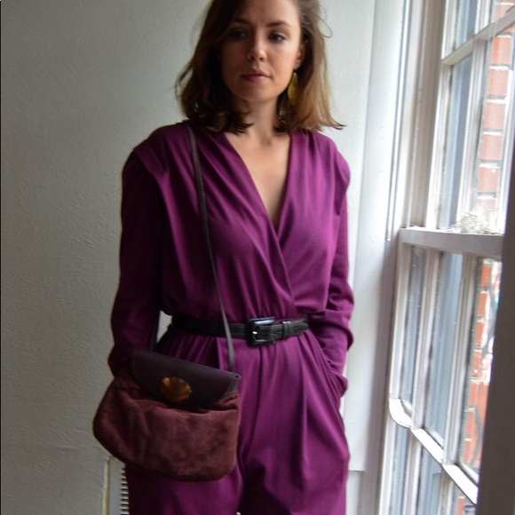 Vintage Pants - Vintage 80s Stretch Knit Purple Jumpsuit